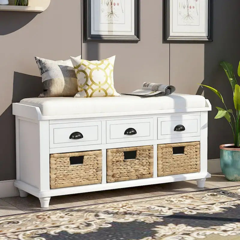 Rustic Storage Shoes Bench with 3 Drawers and 3 Rattan Baskets
