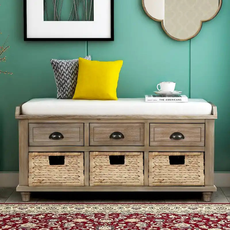 Banc de rangement rustique pour chaussures avec 3 tiroirs et 3 paniers en rotin