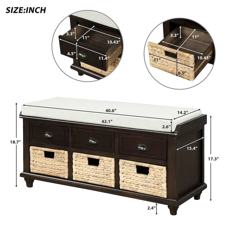 Banc de rangement rustique pour chaussures avec 3 tiroirs et 3 paniers en rotin