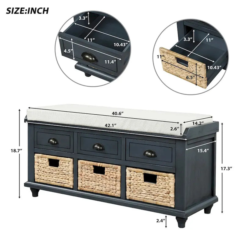 Banc de rangement rustique pour chaussures avec 3 tiroirs et 3 paniers en rotin