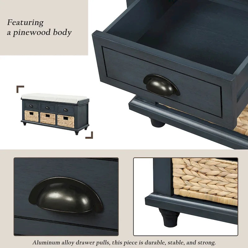 Banc de rangement rustique pour chaussures avec 3 tiroirs et 3 paniers en rotin