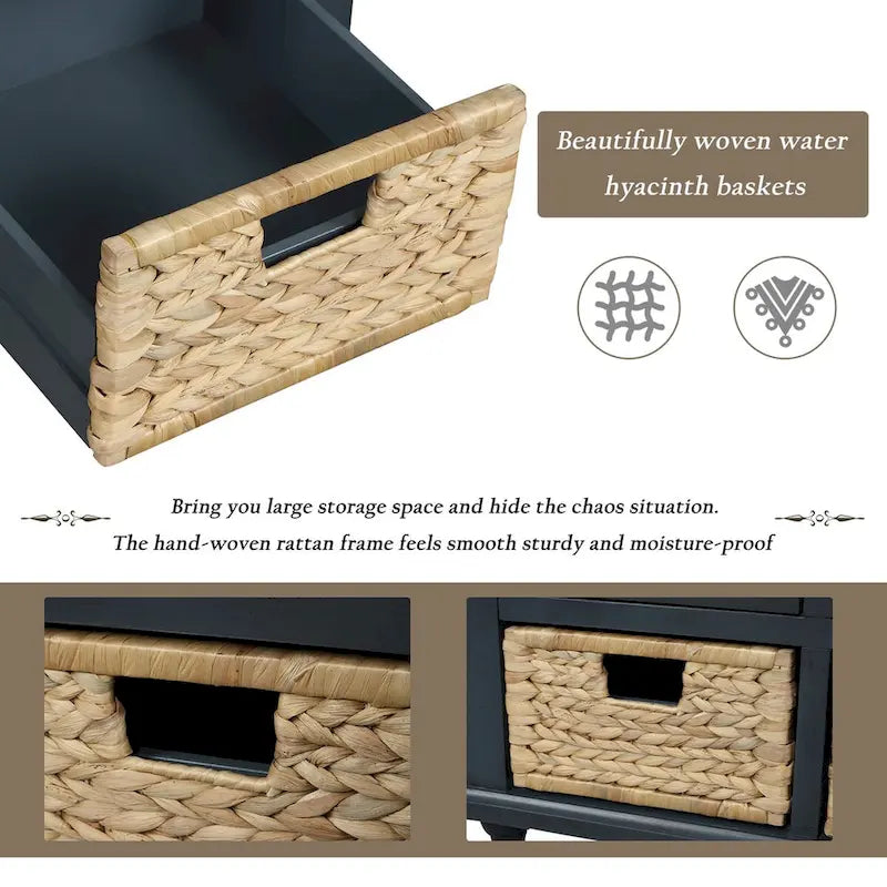 Banc de rangement rustique pour chaussures avec 3 tiroirs et 3 paniers en rotin