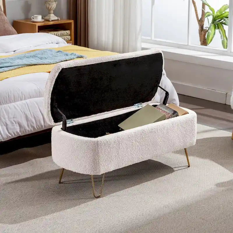Banc de rangement ottoman pour bout de lit, pieds dorés, banc d'entrée en fausse fourrure rembourré avec rangement pour salon et chambre à coucher