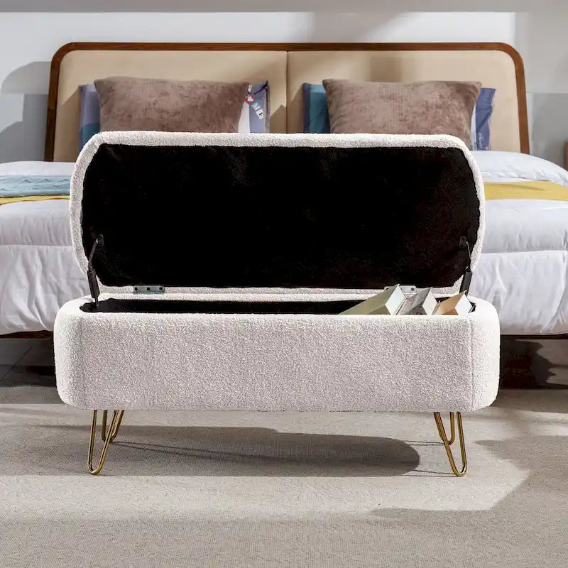 Banc de rangement ottoman pour bout de lit, pieds dorés, banc d'entrée en fausse fourrure rembourré avec rangement pour salon et chambre à coucher