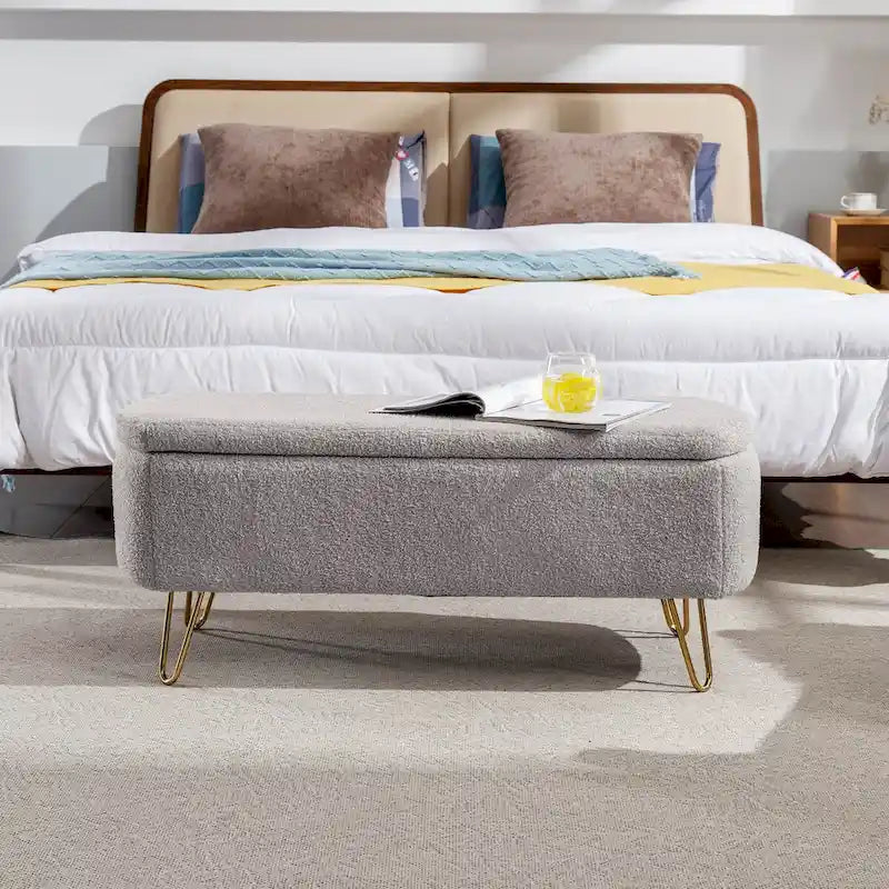 Banc de rangement ottoman pour bout de lit, pieds dorés, banc d'entrée en fausse fourrure rembourré avec rangement pour salon et chambre à coucher