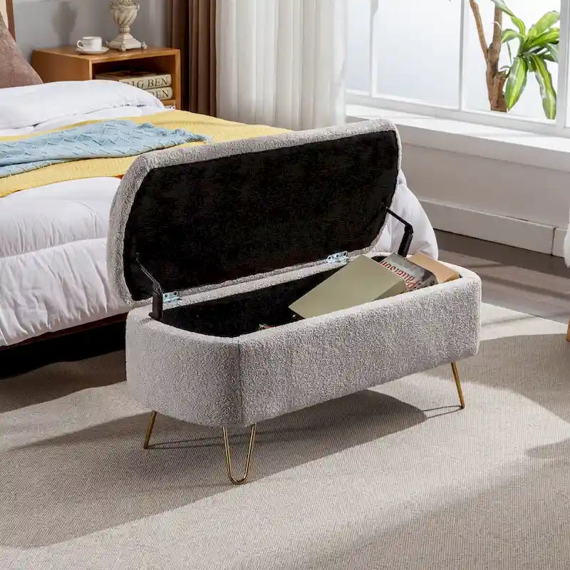 Banc de rangement ottoman pour bout de lit, pieds dorés, banc d'entrée en fausse fourrure rembourré avec rangement pour salon et chambre à coucher