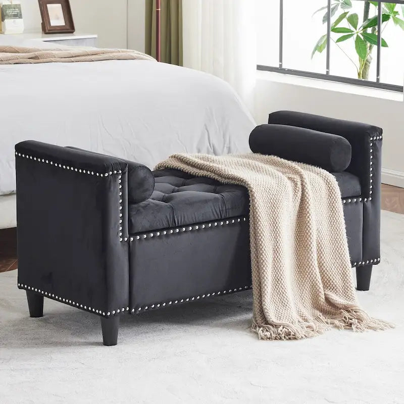 44.5 Velvet Button Storage Bench with Armrests and Nailhead Trim