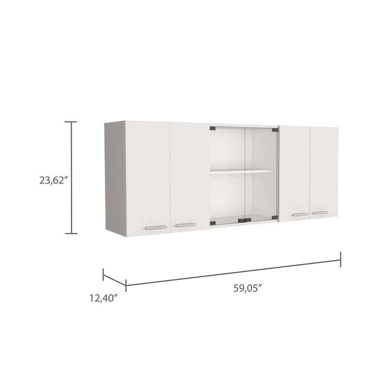 Armoire murale blanche de 59 pouces avec deux portes vitrées centrales