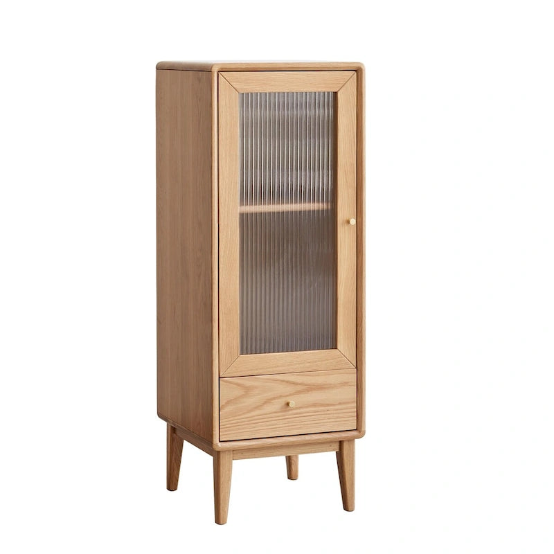 Meuble de rangement d'angle pour salon en chêne massif, table de rangement avec porte vitrée vintage, 2 étagères, 1 tiroir