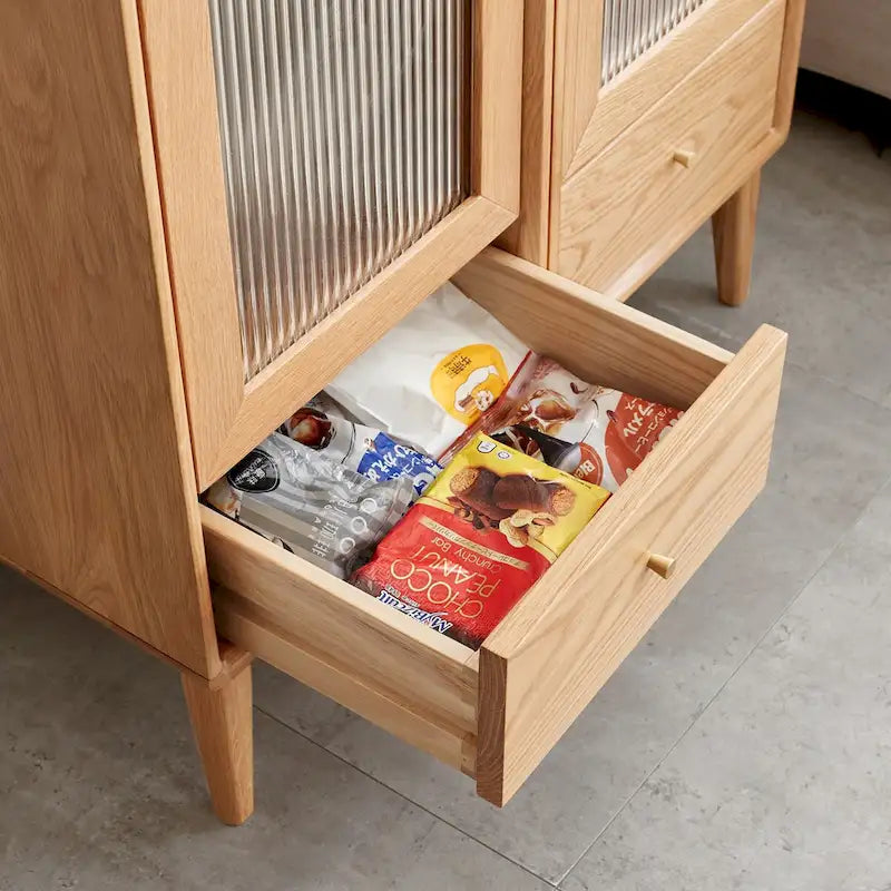 Meuble de rangement d'angle pour salon en chêne massif, table de rangement avec porte vitrée vintage, 2 étagères, 1 tiroir