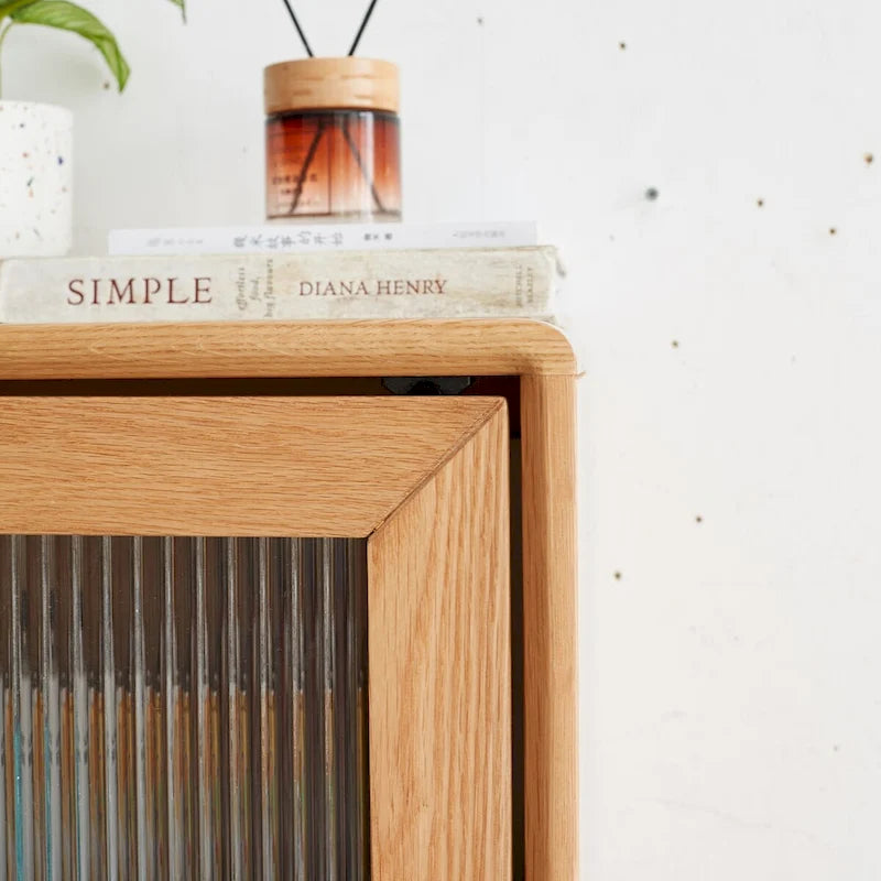 Meuble de rangement d'angle pour salon en chêne massif, table de rangement avec porte vitrée vintage, 2 étagères, 1 tiroir