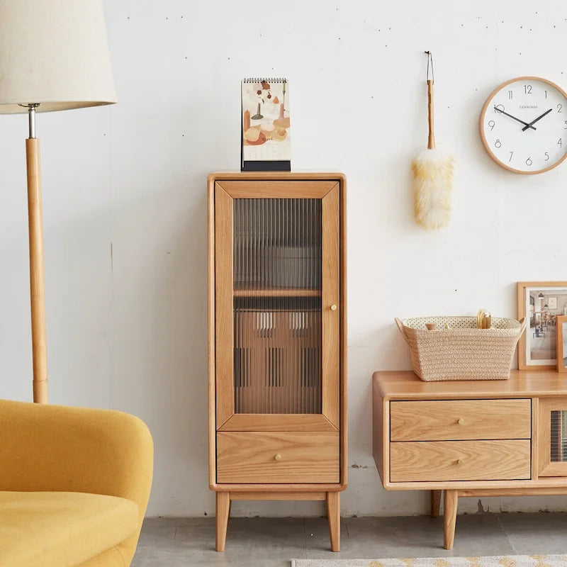 Meuble de rangement d'angle pour salon en chêne massif, table de rangement avec porte vitrée vintage, 2 étagères, 1 tiroir