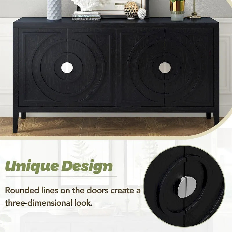 Buffet rétro avec motif de rainures circulaires et poignée de porte ronde en métal