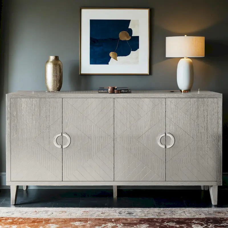Meuble de rangement élégant et fonctionnel à 4 portes avec pieds en pin et MDF pour salon, chambre et cuisine