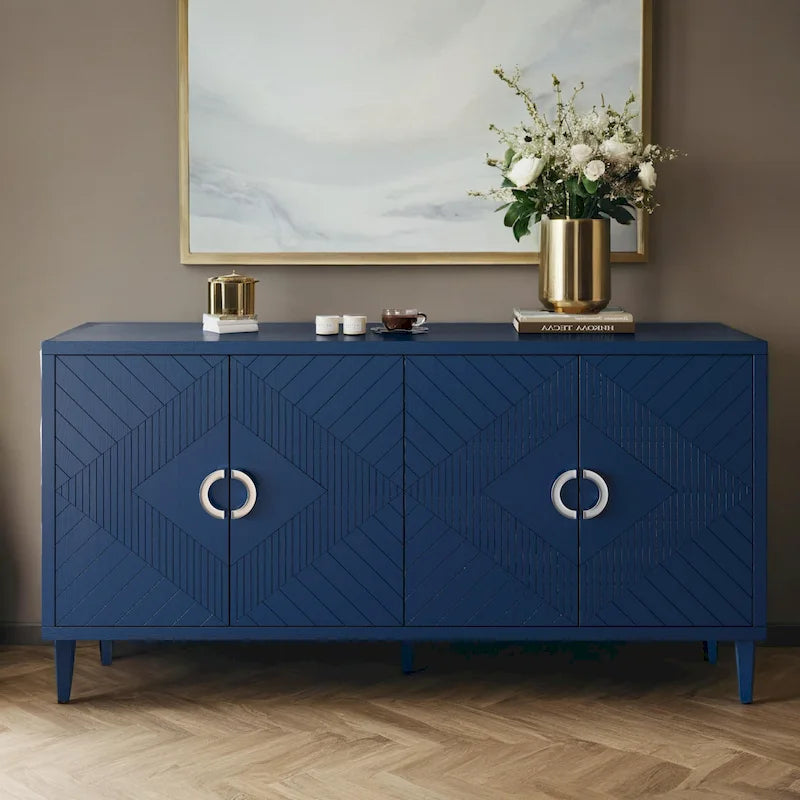 Meuble de rangement élégant et fonctionnel à 4 portes avec pieds en pin et MDF pour salon, chambre et cuisine