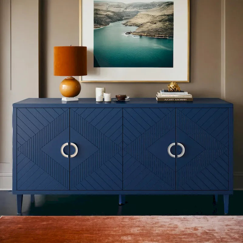 Meuble de rangement élégant et fonctionnel à 4 portes avec pieds en pin et MDF pour salon, chambre et cuisine
