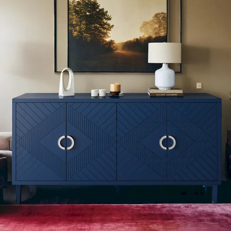 Meuble de rangement élégant et fonctionnel à 4 portes avec pieds en pin et MDF pour salon, chambre et cuisine