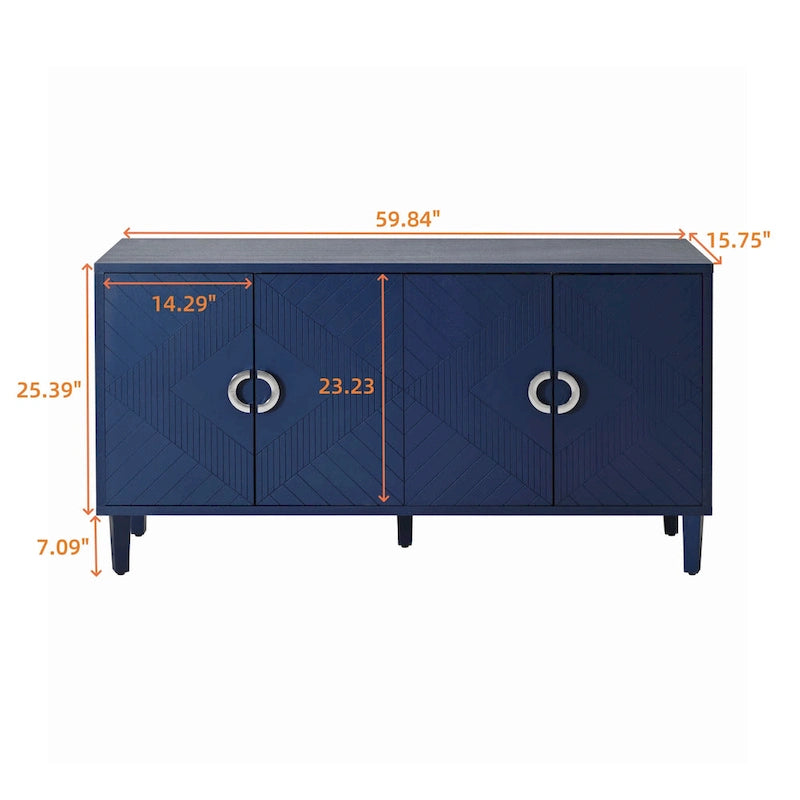 Meuble de rangement élégant et fonctionnel à 4 portes avec pieds en pin et MDF pour salon, chambre et cuisine