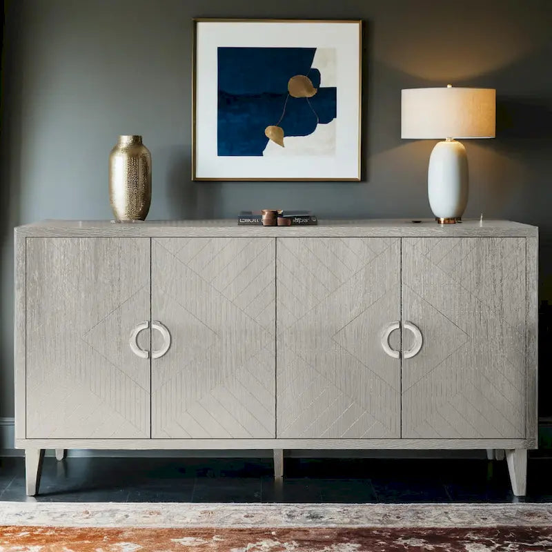 Meuble de rangement élégant et fonctionnel à 4 portes avec pieds en pin et MDF pour salon, chambre et cuisine