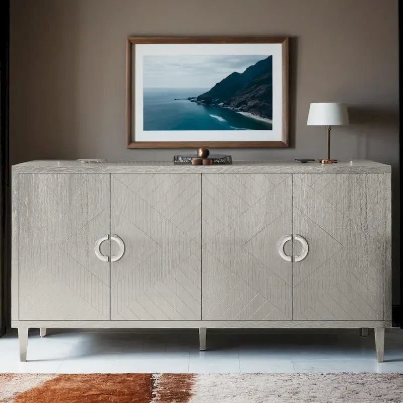 Meuble de rangement élégant et fonctionnel à 4 portes avec pieds en pin et MDF pour salon, chambre et cuisine
