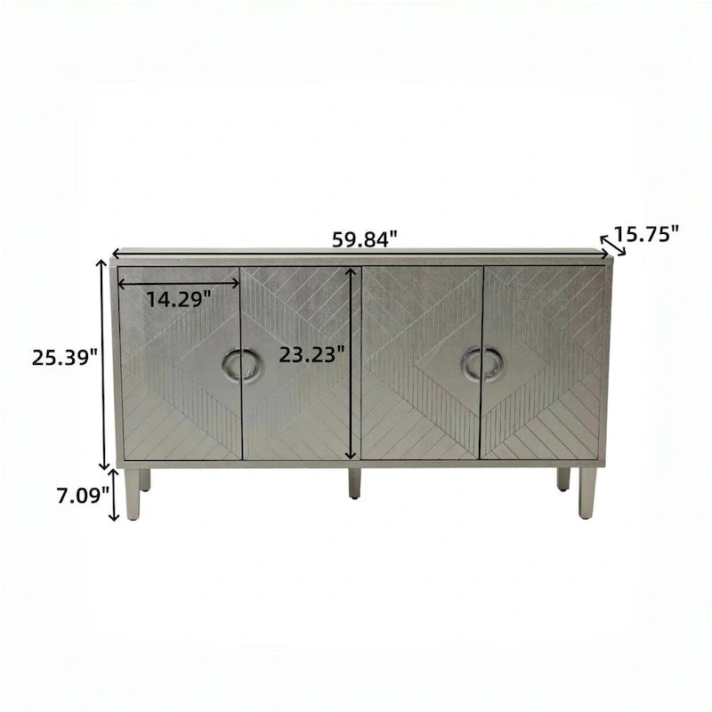 Meuble de rangement élégant et fonctionnel à 4 portes avec pieds en pin et MDF pour salon, chambre et cuisine