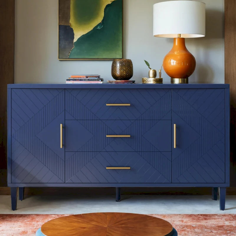 Meuble de rangement élégant et fonctionnel à 4 portes avec pieds en pin et MDF pour salon, chambre et cuisine