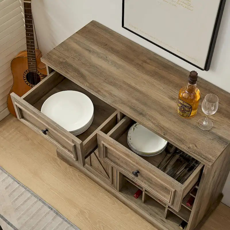 Buffet rustique avec casier à vin et deux tiroirs