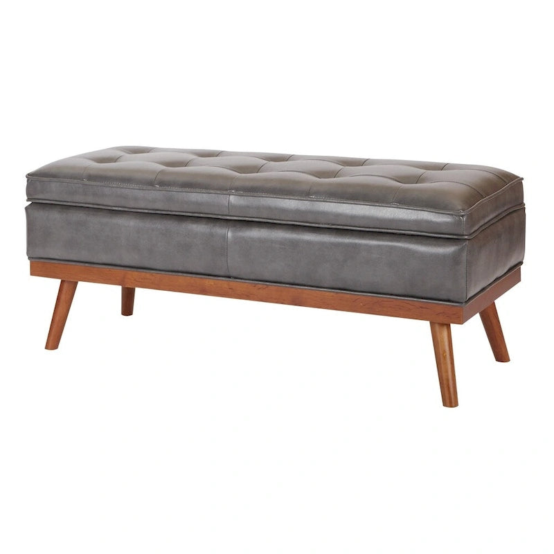 Banc de rangement style milieu du siècle en cuir reconstitué