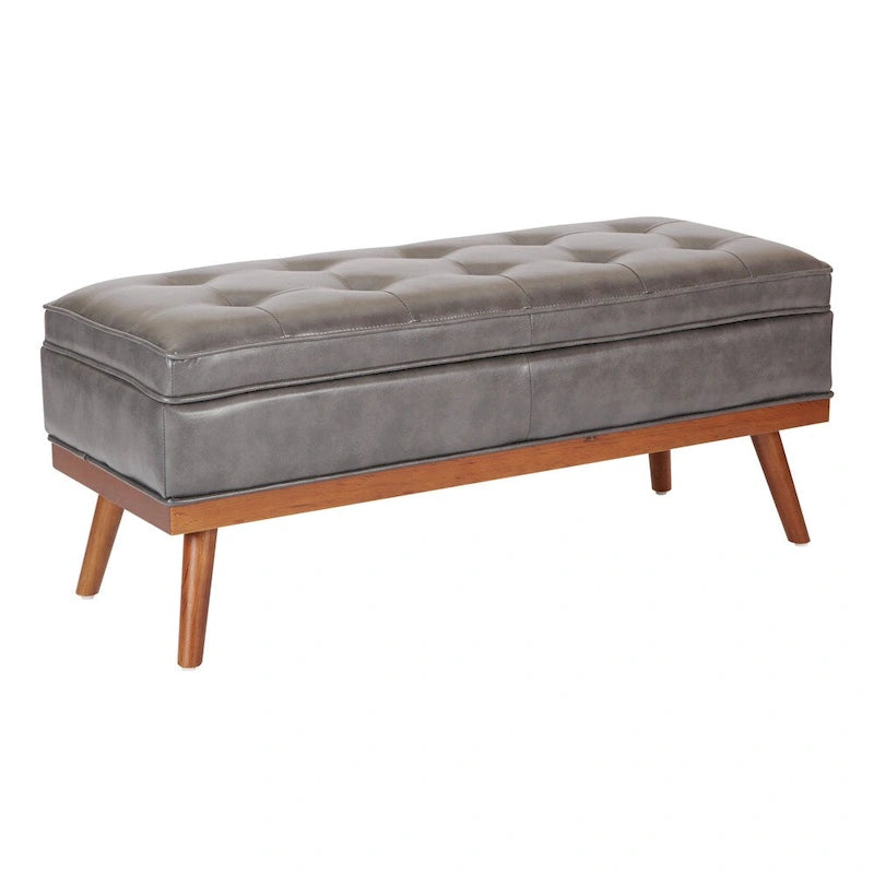 Banc de rangement style milieu du siècle en cuir reconstitué