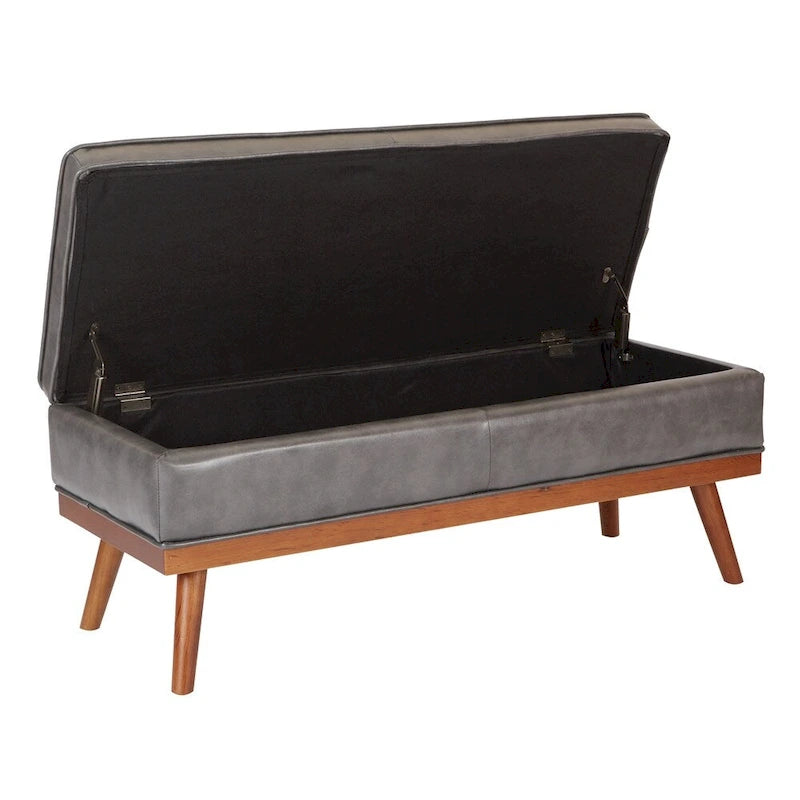 Banc de rangement style milieu du siècle en cuir reconstitué