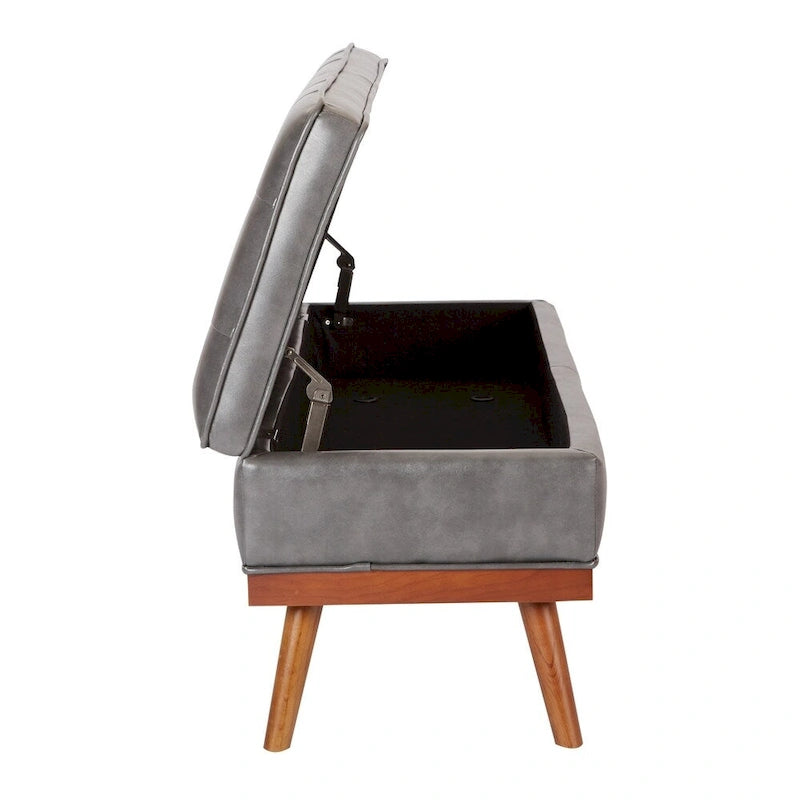Banc de rangement style milieu du siècle en cuir reconstitué