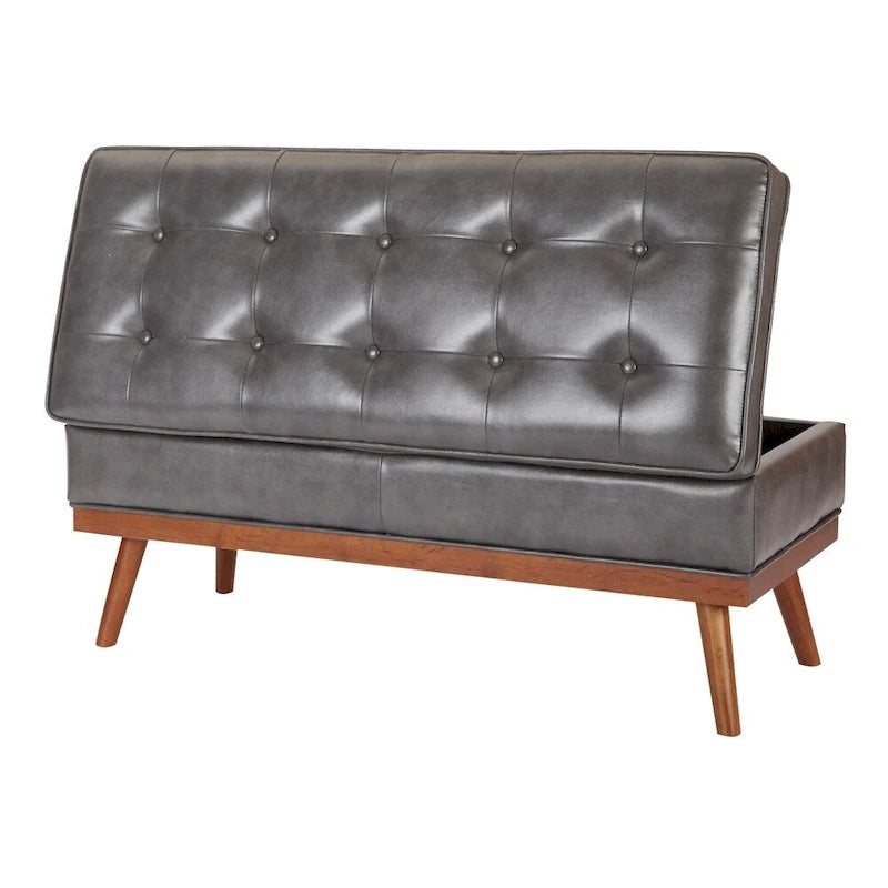 Banc de rangement style milieu du siècle en cuir reconstitué
