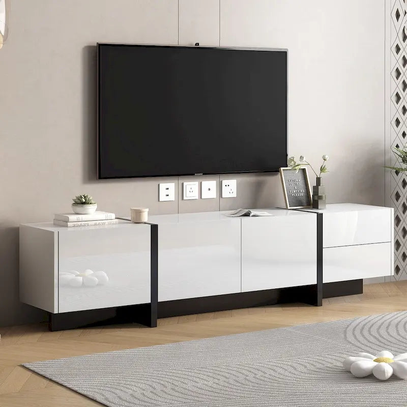 Meuble TV contemporain rectangulaire noir et blanc, 190 cm L x 35 cm P x 45 cm H