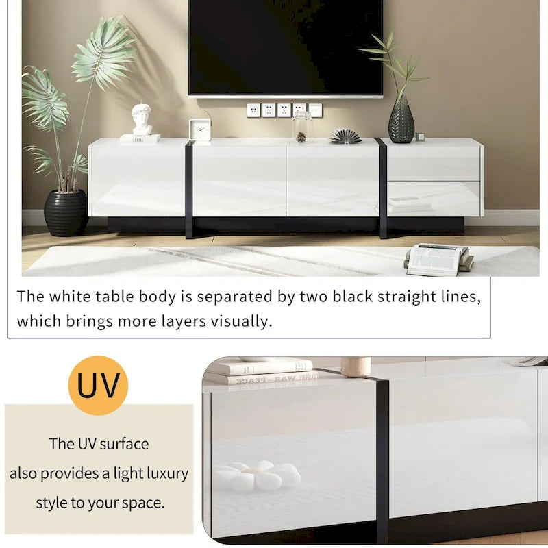 Meuble TV contemporain rectangulaire noir et blanc, 190 cm L x 35 cm P x 45 cm H