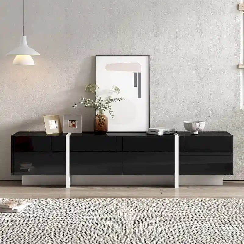 Meuble TV contemporain rectangulaire noir et blanc, 190 cm L x 35 cm P x 45 cm H