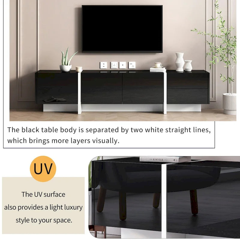 Meuble TV contemporain rectangulaire noir et blanc, 190 cm L x 35 cm P x 45 cm H