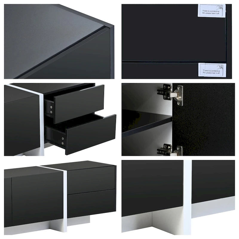 Meuble TV contemporain rectangulaire noir et blanc, 190 cm L x 35 cm P x 45 cm H