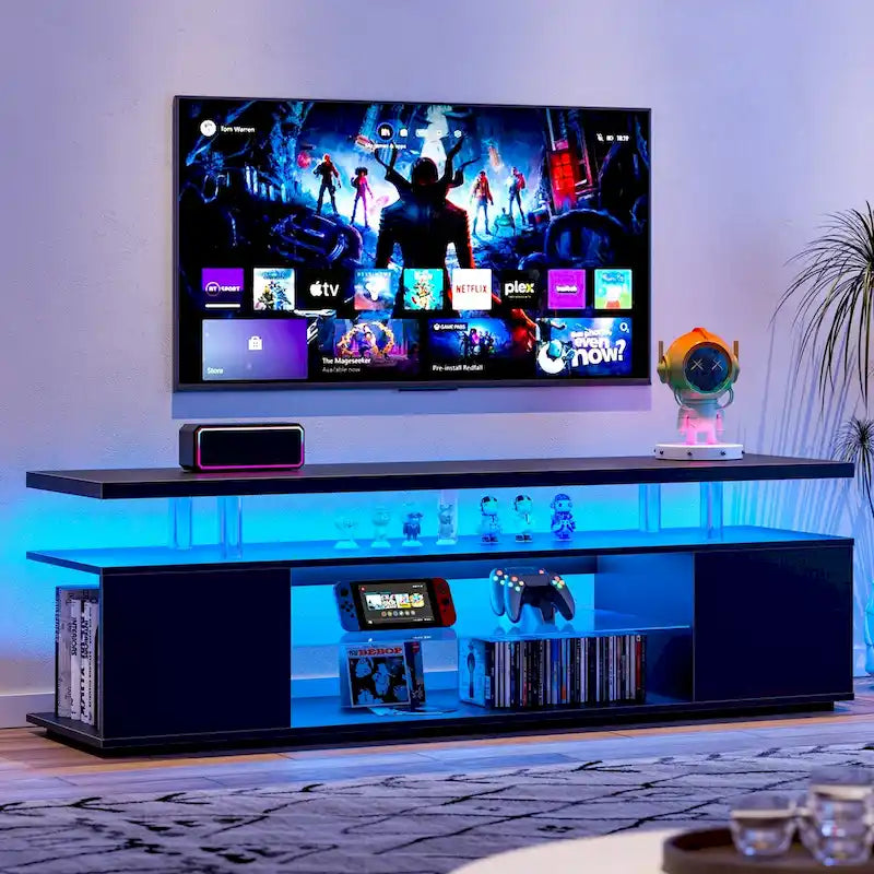 Meuble console multimédia central avec grand placard latéral pour salon - 160 cm L x 41 cm l x 53 cm H