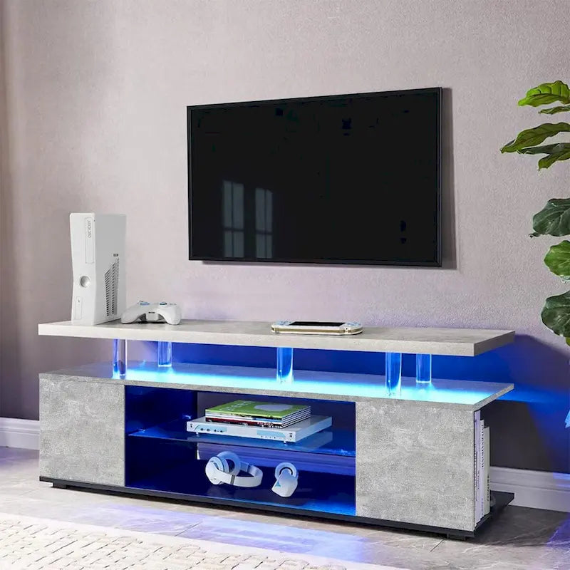 Meuble console multimédia central avec grand placard latéral pour salon - 160 cm L x 41 cm l x 53 cm H