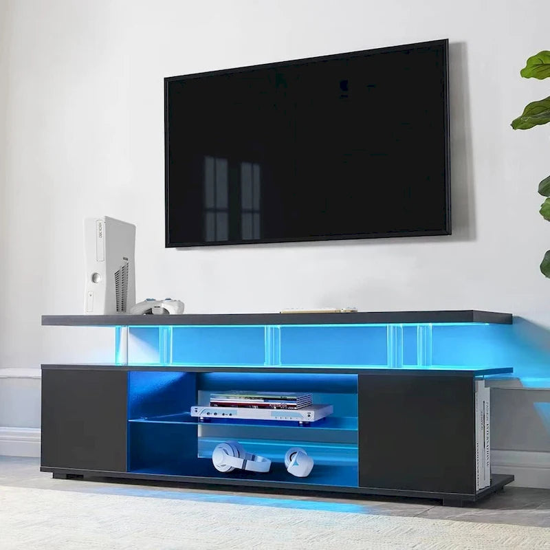 Meuble console multimédia central avec grand placard latéral pour salon - 160 cm L x 41 cm l x 53 cm H