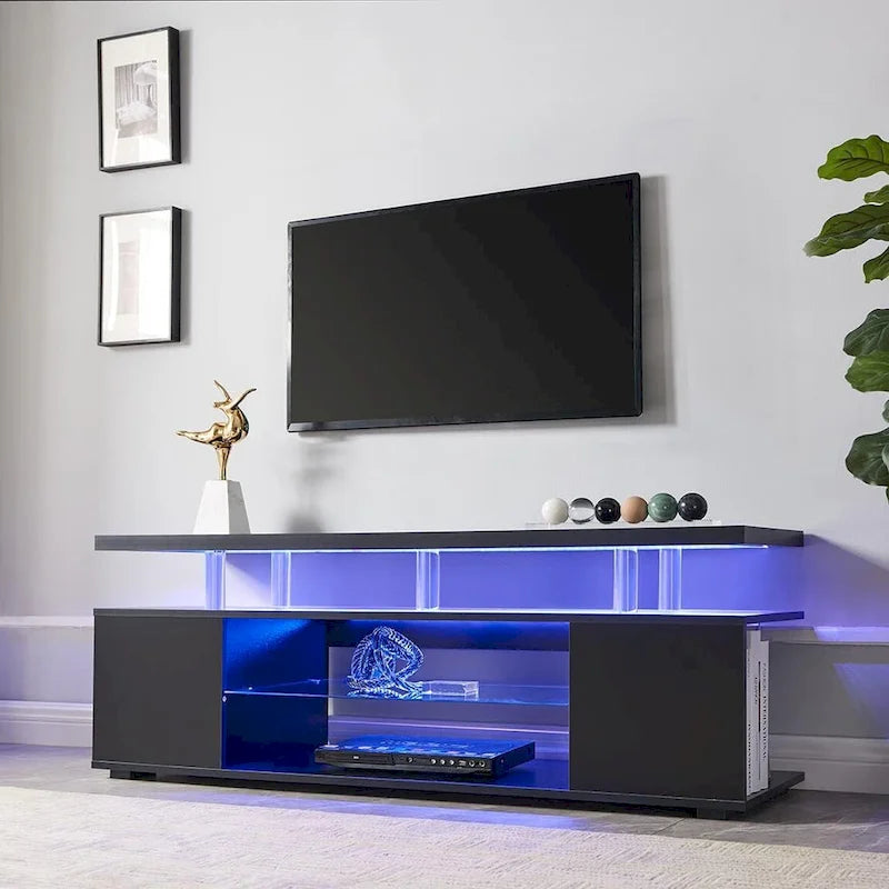 Meuble console multimédia central avec grand placard latéral pour salon - 160 cm L x 41 cm l x 53 cm H