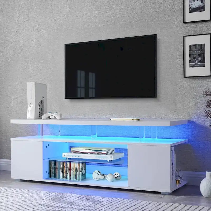 Meuble console multimédia central avec grand placard latéral pour salon - 160 cm L x 41 cm l x 53 cm H