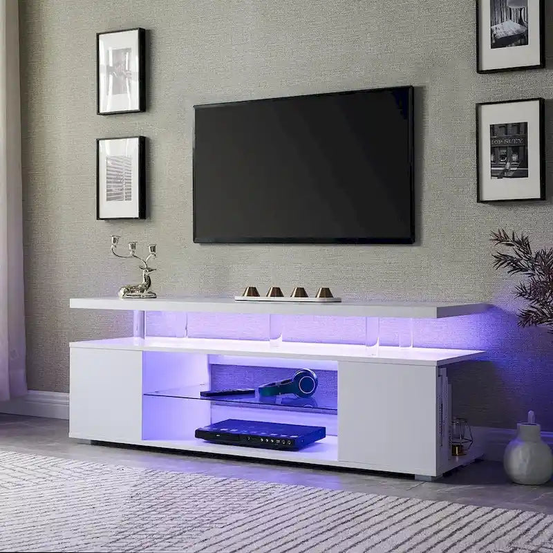Meuble console multimédia central avec grand placard latéral pour salon - 160 cm L x 41 cm l x 53 cm H