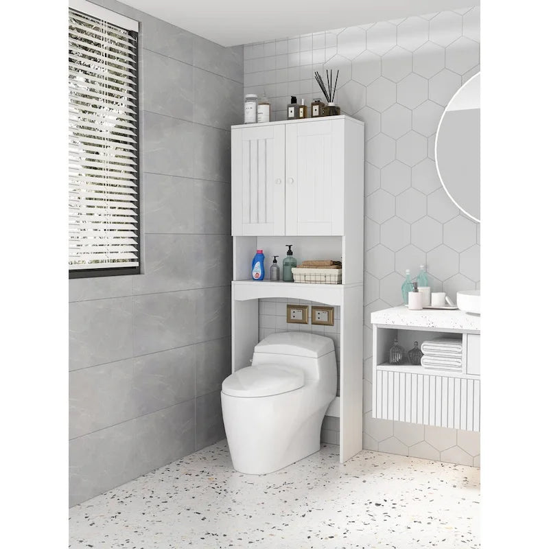 Meuble de rangement blanc à poser au-dessus des toilettes avec étagères