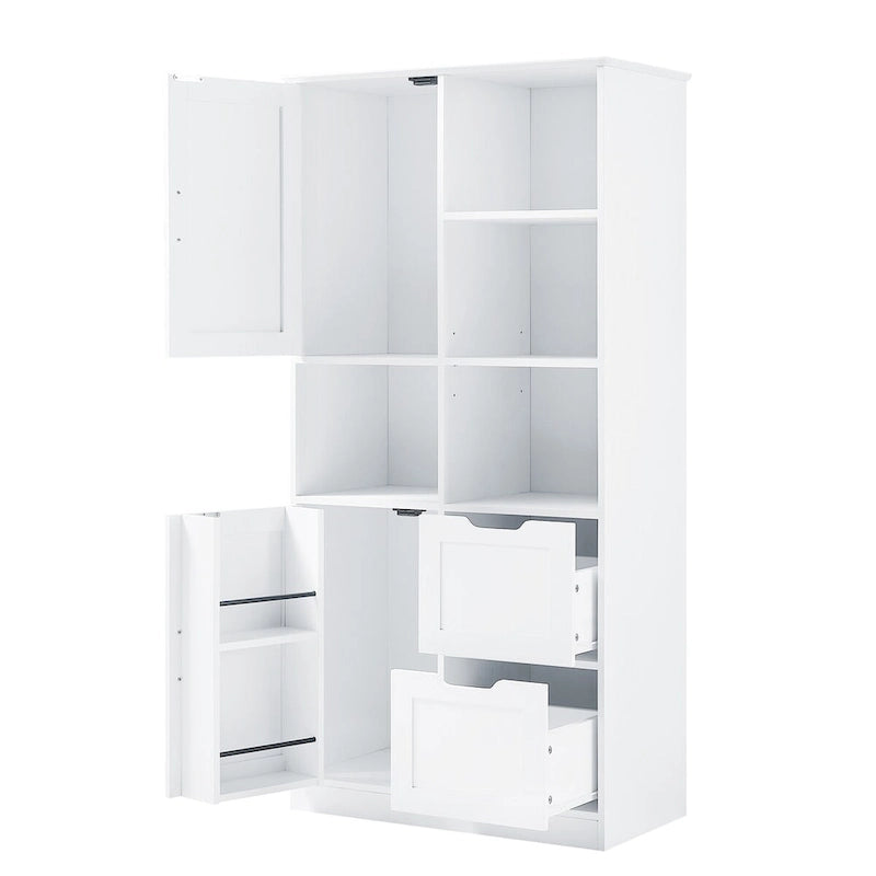 Meuble de rangement pour salle de bain avec portes et tiroirs, multiples espaces de rangement, style sur pied, étagères ouvertes, étagère réglable, blanc