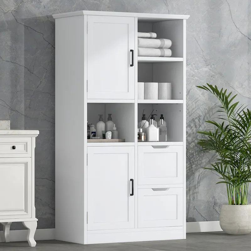 Meuble de rangement pour salle de bain avec portes et tiroirs, multiples espaces de rangement, style sur pied, étagères ouvertes, étagère réglable, blanc