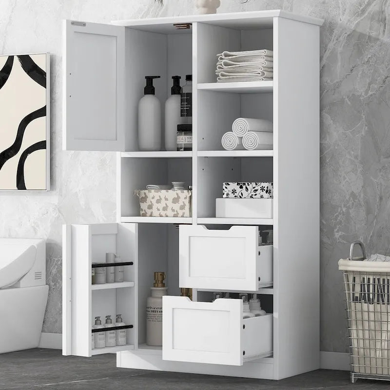 Meuble de rangement pour salle de bain avec portes et tiroirs, multiples espaces de rangement, style sur pied, étagères ouvertes, étagère réglable, blanc