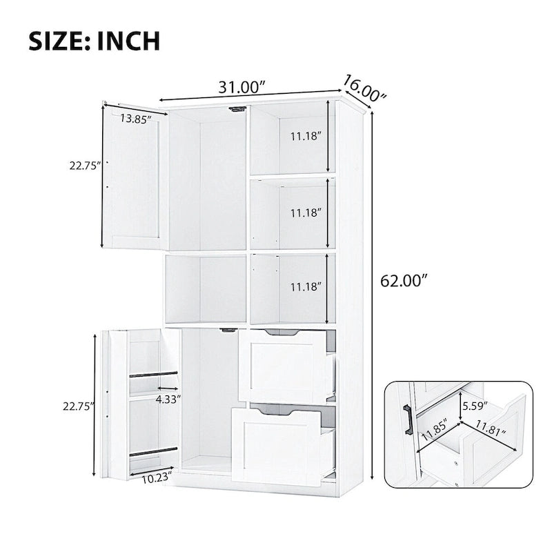 Meuble de rangement pour salle de bain avec portes et tiroirs, multiples espaces de rangement, style sur pied, étagères ouvertes, étagère réglable, blanc