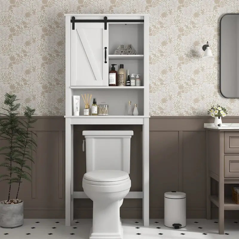 Meuble de rangement au-dessus des toilettes, meuble de salle de bain gain de place, avec étagères réglables et porte de grange 69 cm x 23 cm x 170 cm