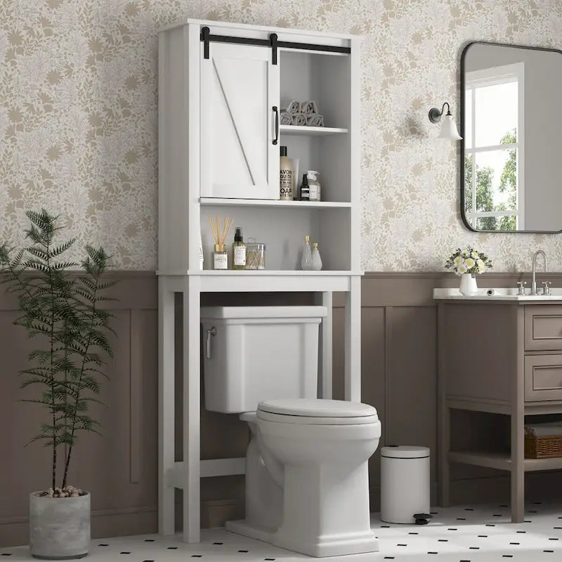 Meuble de rangement au-dessus des toilettes, meuble de salle de bain gain de place, avec étagères réglables et porte de grange 69 cm x 23 cm x 170 cm